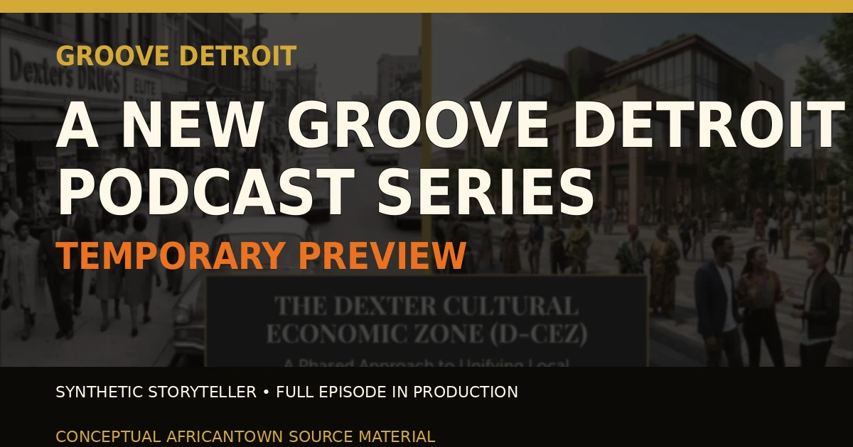 Temporary Groove Detroit podcast preview artwork using clearly labeled conceptual AfricanTown source material.
