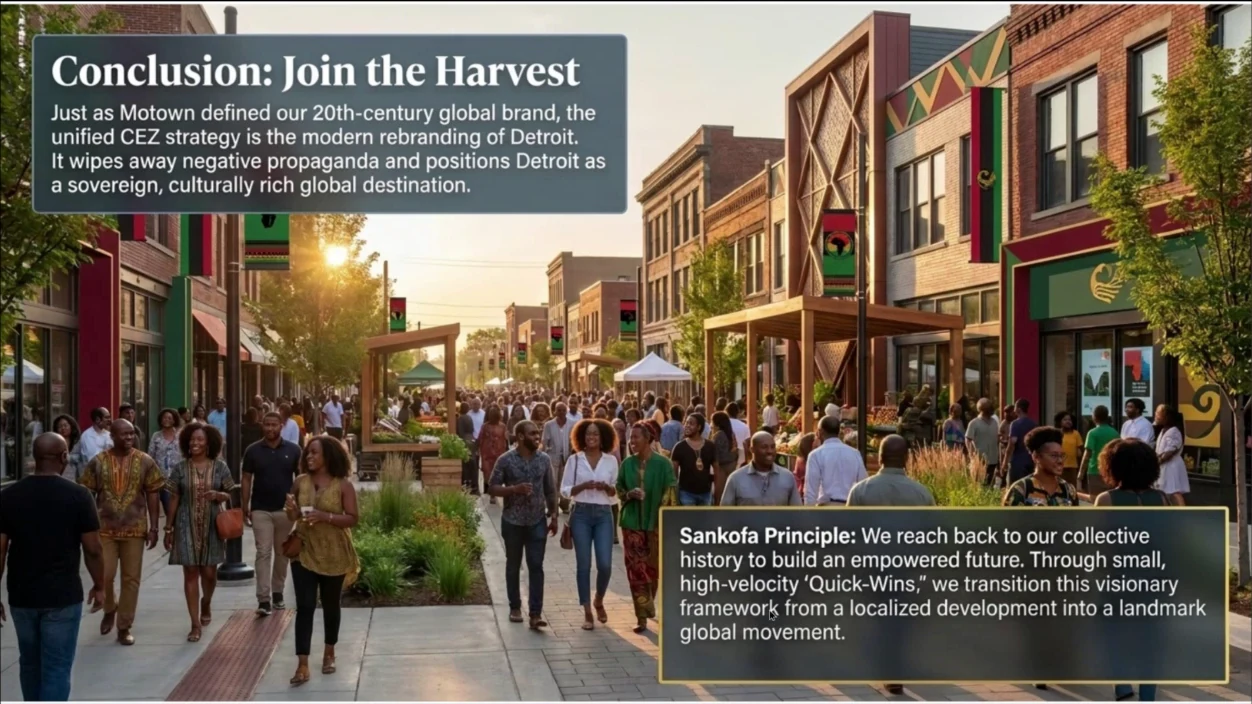 Conclusion slide titled Join the Harvest with a conceptual neighborhood streetscape